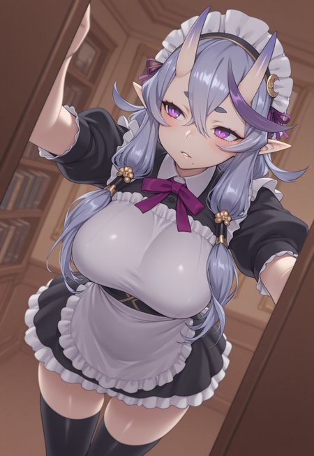 masterpiece, best quality, Z0nt4, (((1girl))), solo,

((nijimikoto,large breasts,purple eyes,short eyebrows,light purple hair,black streaked hair,pointy ears,skin-covered horns,mole under mouth,make up,short stature,long hair,hair between eyes,low twintails,hair tubes,crescent hair ornament,purple ribbon, maid dress, apron, head dress, parted lips, blush))

reaching to the book shelf, dynamic pose, zettai ryouiki, thighs, dutch angle, low angle,

indoors, mansion background, day time,