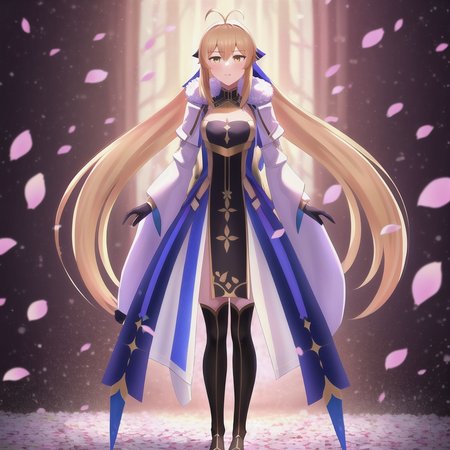 <lora:castoriaV4:0.7>, 1girl, solo, ahoge, blonde_hair, blue_ribbon, long_hair, hair flowing over, ribbon, gold trim, full body, wide shot, (genshin impact:0.85), (utawarerumono:0.85), (rwby:0.85), high definition,  masterpiece, best quality, highly detailed, intricate, face, yellow eyes, castoria, fur, fur trim, fur collar, hands, cherry blossoms, cherry blossoms, blurry background
