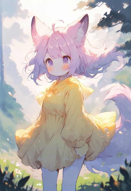 masterpiece, best quality, amazing quality, high quality, wide angle, score_9, score_8_up, score_7_up, source_anime,1girl, (light pink big tail:1.1),squirrel furry female, anthro, hillside,gress,side view, cute,kawaii,(light pink hair:1.1 AND light purple hair:0.95),(multicolored hair:1.2),very long hair,high twintails, ahoge,blue eyes, yellow priness dress,fox ears,white pantyhose, fold-over boots,detailed_eye,backlighting,wind,summer,
