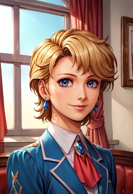 score_9, score_8_up, score_7_up, source_anime, , (best quality) , (highly detailed) , (best quality) , (highly detailed) ,((masterpiece)), ((best quality)), (ultra-detailed), ((extremely detailed)), (high resolution), 4K, (8K), best quality, (beautiful), (dynamic lighting), (super detailed skin), sharp focus, (1_girl, solo focus), shiny skin, masterpiece ,absurdres ,detailed face ,<lora:pony_xl_Hildegard:0.8>,Hildegard,score_9,score_8_up,1girl,female,kawaii,solo,short hair,earrings,suit,white collared shirt,ascot,brooch,upper_body,looking_at_viewer,smile,closed mouth,sitting,,window_,curtains,stretching your spine,,saucer, cinematic lighting, Intricate, High Detail, Sharp focus, dramatic, masterpiece, best quality, ultra-detailed, detailed, detailed body, detailed face, UHD, kawaii, cute, very big eyes, Aesthetic Anime Eyes,  (8k, masterpiece, best quality, ultra-detailed),