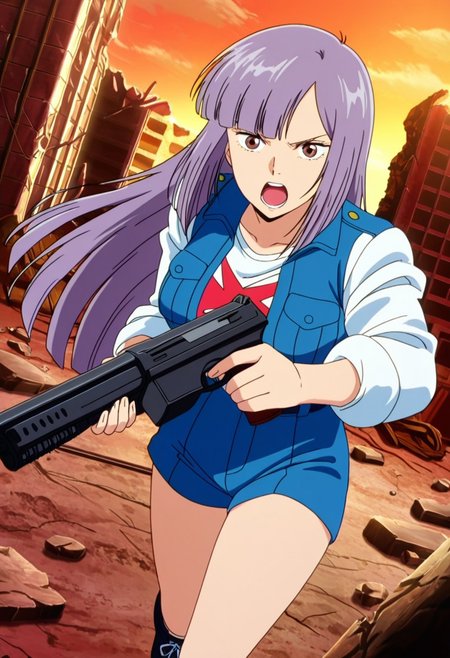 general,highres, ultra-detailed,very aesthetic,best quality ,best hands,best eyes,easynegative,
dynamic anglre, dutch angle, anime cloring,anime screencap,
1girl solo,looking at viewer,holding gun,open mouth, ruins,outdoors, fighting, 
Roux Louka,purple hair, long_hair, brown_eyes, huge_breasts,shirt,jacket, short pants,