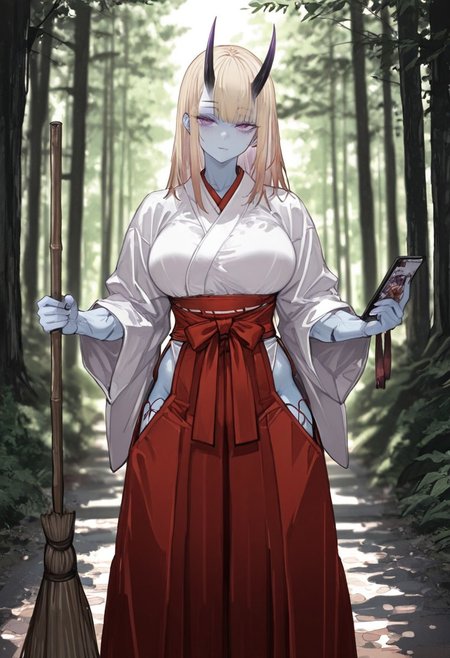 masterpiece, best quality, amazing quality, 1girl, 
 8K, illustrating, CG, detailed-eyes, detailed background, cute girl, eyelashes, lowlight
BREAK
detailed background, eyelashes, erotic, looking seductive, coy. dynamic action image, detailed face, detailed eyes, direct mesmerizing gaze, 
BREAK
(EyesHD:1.2), (4k,8k,Ultra HD), masterpiece, best quality, ultra-detailed, very aesthetic, sharp focus, depth of field, ray tracing, best lighting, detailed illustration, detailed background, cinematic, beautiful face, beautiful eyes,
BREAK
(sexy, slutty, hot, aroused), 
Aka-Oni, oni, colored skin, light blue skin, smooth horns, black horns,  muscular female, large muscles, blonde hair
BREAK
miko, japanese clothes, red hakama, white kimono, tree, (forest), broom, holding broom, sweeping, hakama short skirt, hip vent, (torii:0.9), looking at viewer,, blurry, blurry background, purple eyes,