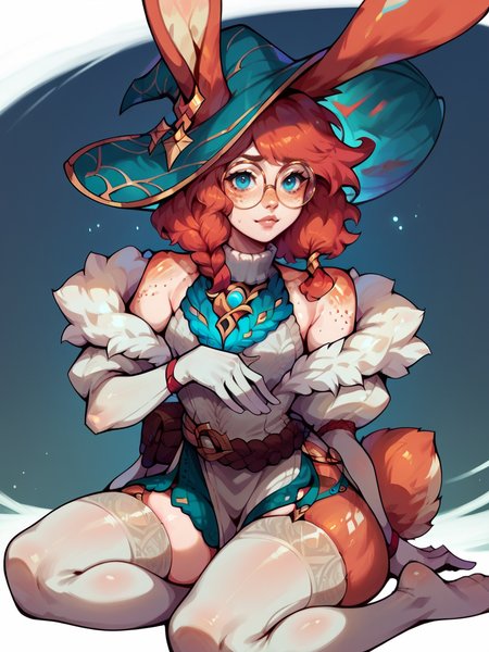 score_9, score_8_up, score_7_up, score_6_up, score_5_up,  <lora:AuroraLOLXLP:1> auroralol, 1girl, solo, rabbit ears, round eyewear, blue eyes, freckles, hat, gloves, tail, thighhighs, red hair, lingerie,