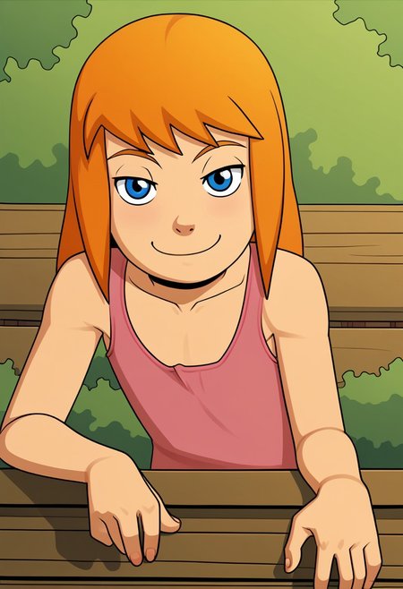 incog, INCJUL, 1girl, (((solo))), smirking, on wooden porch, looking at viewer,