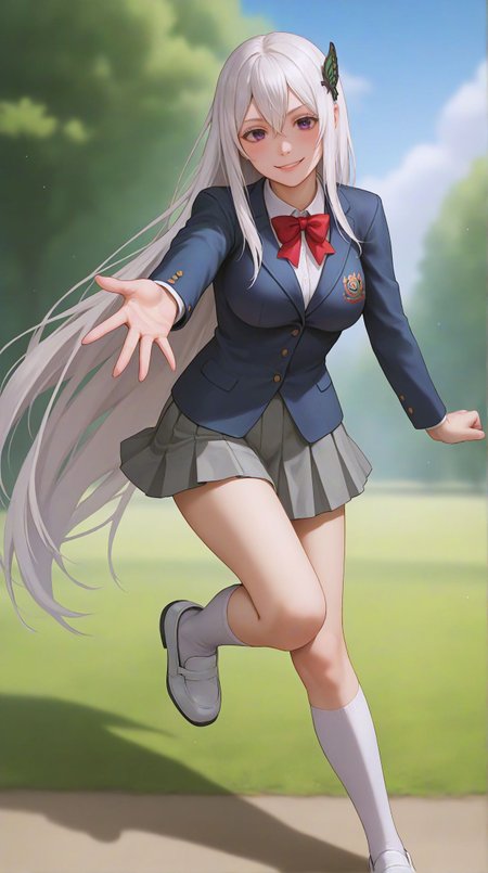 zPDXLxxx,score_9,score_8_up,score_7_up,realistic,masterpiece,best quality,perfect anatomy,very aesthetic,absurdres,
<lora:Quality tweaker_last:-2>,
<lora:Breast Slider - Pony_alpha1.0_rank4_noxattn_last:2>,
<lora:azurlaneXLP6lokrV4236T2:0>,
solo,blush,smile,
incoming hug,reaching towards viewer,
<lora:Echidna PonyXL Anzhc v1.6:1>,
echidna,purple eyes,white hair,hair between eyes,very long hair,butterfly hair ornament,
school uniform,red bowtie,blazer,blue jacket,collared shirt,white shirt,grey skirt,pleated skirt,white socks,kneehighs,shoes,
outdoors,in a meadow,