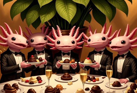 broken age of, A group of axolotls dressed in matching tuxedos and bowties are huddled together behind a large potted plant at a fancy banquet, each one holding a small dessert plate piled high with chocolates and pastries The perspective is from above, looking down on the group as they giggle and exchange excited whispers, their frills shaking with laughter The plantâs large leaves partially obscure them from the rest of the room, where elegantly dressed guests are mingling and sipping champagne The table nearby is laden with an array of gourmet desserts, but the axolotls have clearly taken far more than their share, with crumbs and wrappers scattered around their hiding spot The lighting is warm and golden, casting a soft glow on the axolotls' glossy skin and highlighting the mischievous twinkle in their eyes The scene captures the playful camaraderie of the group with a focus on the contrast between their formal attire and their cheeky behavior, using a rich, detailed style that emphasizes the lushness of the setting and the exuberance of the axolotls' laughter, the axolotl has pink frilly gills and pink skin