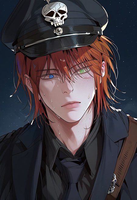 score_9, score_8_up, score_7_up, score_6_up, source_anime, 2d, 1boy, handsome boy, athletic body, manly boy, toned body, toned, male focus, solo, sweat, <lora:Chaos__Hero_Killer__Manhwa__webtoon:1>, Chaos, heterochromia, blue eye, green eye, auburn hair, medium hair, scars all over the body, closed lips, perface face, (perfect face, perfect eyes:1.2), looking at viewer, bishounen, toned male, solo, athletic build, large pectorals, abs, six pack, pecs, cute boy in his mid twenties, dark background,  <lora:warden-ponyxl-lora-nochekaiser_r1:1>, skull hat ornament, uniform, military uniform, black uniform, hat, cap, black cap, armband, collared shirt, black necktie, full body, hand behind back, swastikas armband