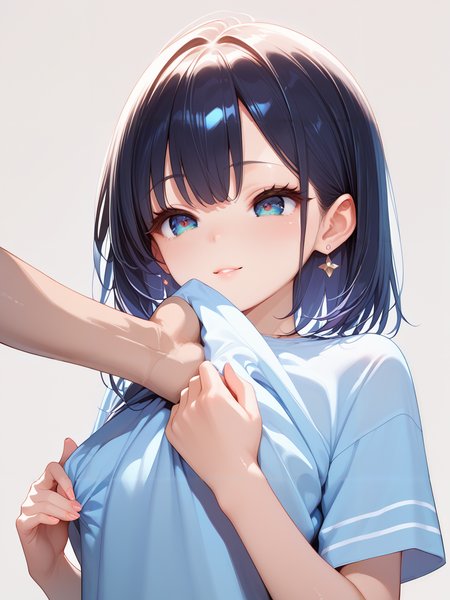 score_9, score_8_up, score_7_up,source_anime, high res image,ultra-detailed,8K,illustration,CG,shiny hair,clear skin,ultra-detailed-eyes,simple background,cute girl <lora:grabbing chest_pony_V1.0:0.8>grabbing chest, grabbing neckline,shirt, 1boy, 1girl,