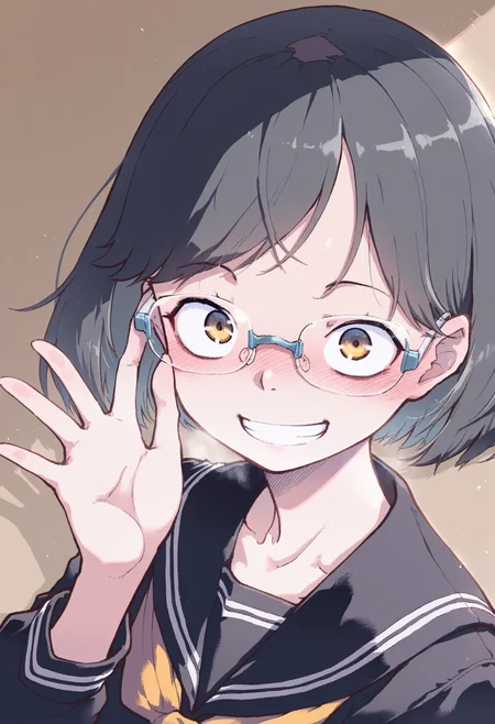masterpiece,best quality,amazing quality,
solo, 1girl, short hair, school uniform, smile, looking at viewer, glasses, serafuku, blush, brown background, hand up, black sailor collar, upper body, black serafuku, grin, sailor collar, over-rim eyewear, black hair, semi-rimless eyewear,
 <lora:Suzuki Kyoutaro-000009:1>