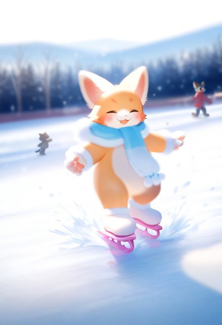 takefujif0x, alens, masterpiece, best quality, 1boy, furry, cute, kemono, cat, happy, smile, winter, skating, excessive snow, blurry background, general
