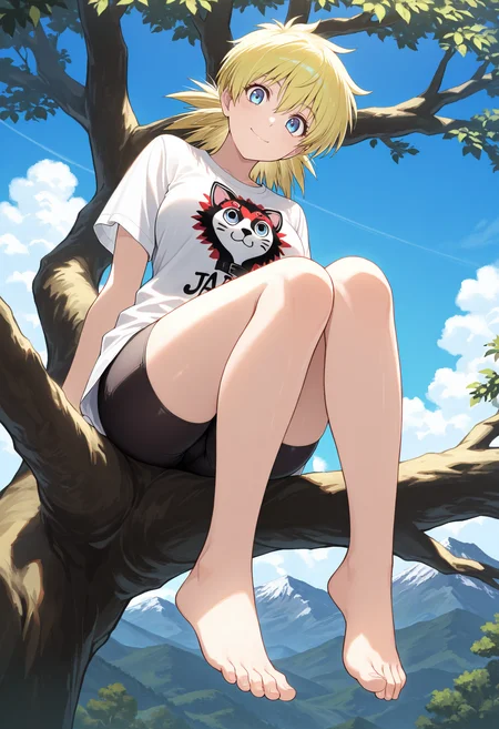 masterpiece, best quality, 1girl, solo, seras victoria, blonde hair, casual, t-shirt, short sleeves, bike shorts, print shirt, outdoors, (rural), japan, sitting in tree, in tree, sitting, tree, from below, barefoot, feet, blue eyes, mountain, bare legs, thighs, looking at viewer, closed mouth, smile