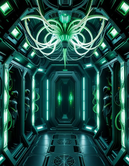 A dark, oppressive regeneration chamber deep within a Borg vessel â a biomechanical environment where drones return to recharge and interface with the collective. The chamber is dimly lit with pulsating green and white lights that flicker through dense shadows. The walls are lined with vertical alcoves, each containing a Borg drone standing motionless, plugged into the system via biomechanical tendrils, tubes, and neural interfaces embedded into their bodies.
The surfaces of the room are a fusion of metallic plating, organic texture, and cybernetic growths â as if the ship itself is alive, constantly shifting and adapting. Steam hisses softly from vents near the floor, and faint mechanical whirring echoes through the chamber. Fiber optic cables pulse with data transmissions, running across the ceiling like glowing veins. 
Above, a central neural conduit hangs like a mechanical spine from the ceiling, branching out and connecting to each alcove, feeding the collective hive mind with real-time information. The atmosphere is cold, sterile, and unnervingly silent â a place devoid of individuality, where only the will of the collective exists. There is no comfort here, only efficiency, order, and total control. 
<lora:SDXLFaeTastic2400:0.4> <lora:extremely_detailed:0.4> extremely detailed,<lora:borg_recharge_ch4mb3r:1>,borg recharge ch4mb3r, Masterpiece,best quality,hi res,8k,hi res,8k,award winning,(sharp focus, intricate, highly detailed),