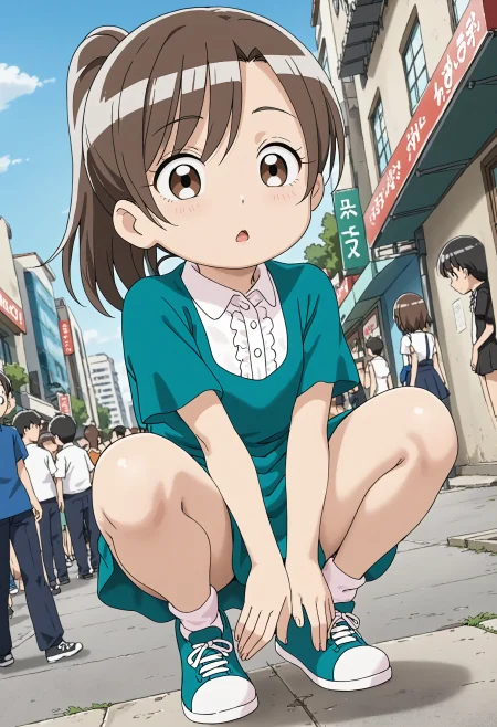 <lora:Hyper-SDXL-8steps-lora:1> <lora:Fixhands_anime_bdsqlsz_V1:1> zPDXL2, score_9, score_8_up, score_7_up, source_anime, intricate details, perfect anatomy BREAK
outdoors, city, tokyo, japan, audience, crowd, squatting, arms between legs, dutch angle, hands, hanging hair, head tilt, looking at viewer, Surprised, Wide-open eyes, a raised brow, and an open mouth., 1girl, solo, solo focus, 
<lora:MAR-minatomo_madoka_XL(pony)v10:1> MAR-madoka, brown hair, ponytail, brown eyes, MAR-madoka outfit, green dress, white socks, green shoes,