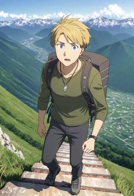 high resolution, professional photography, best quality, 1Boy, Yamato Ishida, blond hair, deep blue eyes, necklace, hiking gear, mountains, hiking, stepping, amazed, OverallDetail