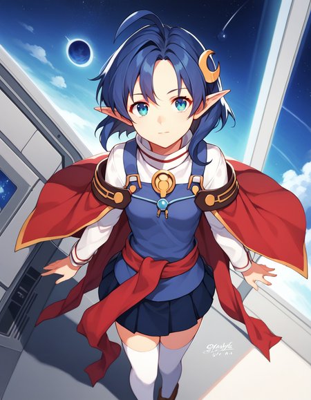 <lora:so2rena_SDXL_pony_fp16:1>,so2rena, 1girl, skirt, blue hair,blue eyes, ahoge,crescent hair ornament, red cape, cape,white thighhighs, in spacecraft,spacecraft interior, milky way,nebula,solar system,:3,from above, score_9, score_8_up, score_7_up, BREAK source_anime, rating_questionable, best quality, masterpiece, uncensored,[pony diffusion V6 is trained by PurpleSmartAI:100]