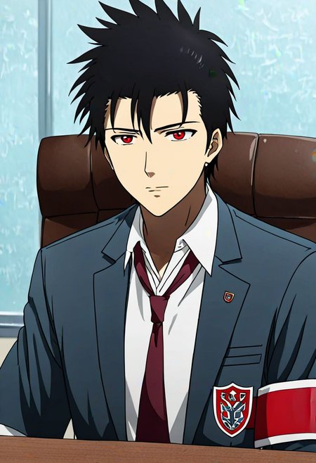Highres, Masterpiece, High Quality, 4K, 8K, solo, 1Boy, Soujirou Agata, borown eyes, black hair, student council president, school uniform, portrait, meeting table, red armband, easynegative, detailed_eye_model