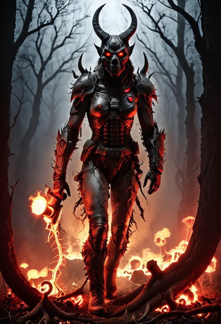 silhouette style, cinematic film still of the silhouette of an disembodied of a female demon,head, multiple eyes, horrific, with a megaphone instead of his head sitting on a branch at night, with glowing eyes, very detailed, haze lighting, backlit, 4k uhd masterpiece, blackmetal style, xerox, black and white, BadDream, UnrealisticDream, Doomguy, soviet poster, femalebonedemon