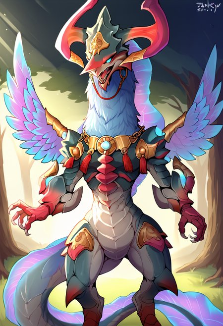 <lora:SM_Tiamat_a1_15_PonyXL_spnckpt1_th-1.4>,<lora:BG2_dpep4+silicon29dim64:1>,<lora:PDXL_artist_tags_v2_big:0.8>,score_9,score_8_up,score_7_up,source_furry,tiamat,anthro,female,by zackary911,by syuro,by dagasi,by hanuvo,solo,hi res,detailed background,forest,
looking at viewer,extreme detail,dynamic lighting,cinematic lighting,blue eyes,no sclera,necklace,three-quarter view,open mouth,standing,featureless crotch,featureless chest,portrait,