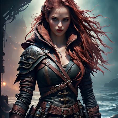 (masterpiece:1.2), (best quality,:1.2), 8k, HDR, ultra detailed, ((photorealistic)), perfect anatomy, professional light, cinematic lighting, fashion photography, ambient lighting,<lora:detail_slider_v4:3>, (DarkFantasy:0.6), a Young woman, Reddish-brown hair, Flowing Locks, as a thief and assassin, clothes, leather, armor, cape, FaRo, <lora:FantasyRogues:1>,  in Turbulent Seascape, <lora:zoom_slider_v1:-2>, epiCPhoto