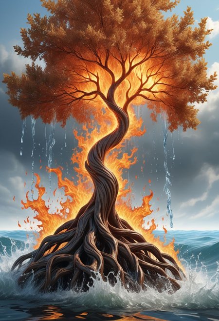 UHD, masterpiece, high quality, extremely details, intricate details, sharp focus, realistic, OverallDetailXL, 
a tree made of water with leaves on fire , strong wind,