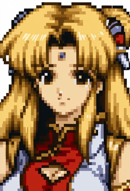 score_9, score_8_up, score_7_up, source_anime, 1girl, solo, smile,
<lora:zs_FE4PortraitsXL:1> fe4portraits, portrait, pixel art, white background, 
ga_ranpha, (1990s\(style)\:0.3), kawaii, China dress, red dress, cleavage cutout, white jacket,  wrist cuffs, arm band, large breasts, blonde hair, parted bangs, gray hairpods, forehead mark, long hair, brown eyes