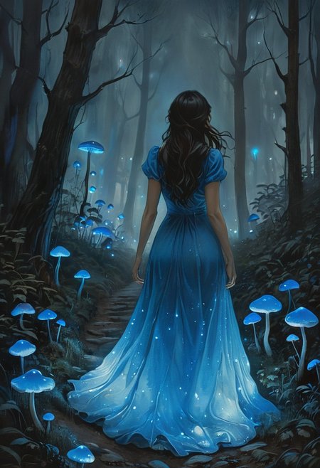 (water-colored), illustration, style of Jessica Galbreth,
(far view, far shot, rear view, facing away:1.3),
(Alice, woman walking on a trail, very long dark brown hair,  hair rim lighting, hair in the wind, blue maid dress with short sleeves, black tights, black shoes:1.5), 
fog, dreamy, dream,
(at night, raining, heavy rain, forest, blue glowing mushrooms, blue lights, blue glowing dress:2)