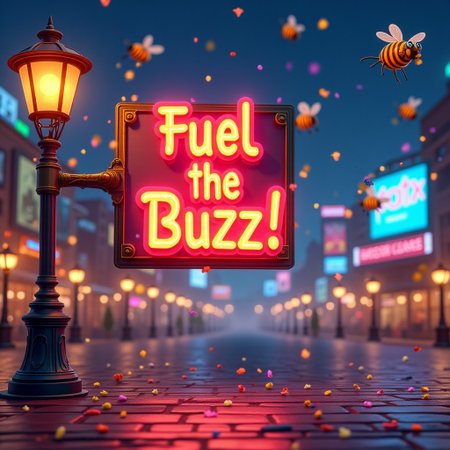 Create a vibrant and playful scene featuring a glowing neon sign that reads, 'Fuel the Buzz!' The sign is attached to a classic, old-fashioned streetlamp in a lively city square, where colorful confetti swirls in the air. Around the sign, small, animated bees fly in circles, leaving behind trails of sparkling light. The scene is set against a backdrop of a bustling cityscape with bright billboards, twinkling stars, and soft, warm lighting. The overall atmosphere should feel dynamic, cheerful, and energetic—an invitation to viewers to join the buzz and support the excitement!
