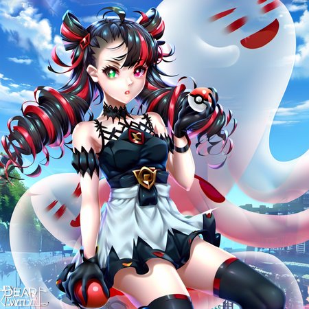 day, green eyes, dress, ahoge, multicolored hair, skirt, ghost, twin drills, poke ball, asymmetrical bangs, tail, black gloves, red eyes, thighhighs