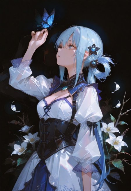 perfect quality,high quality,masterpiece,best quality,amazing quality,very aesthetic,absurdres,Cinematic Lighting,newest,Tactical use of shadow,
AquaCYQL,1girl,solo,long hair,blue hair,very long hair,hair rings,hair ornament,blue eyes,
dress,flower,closedeyes,blackbackground,handonownchest,fromside,shortsleeves,whitedress,petals,bluedress,twintails,veryprofile,butterfly,bug,branch,partedlips,handup,lowtwintails,simplebackground,lookingup,breasts,standing,floralprint,
<lora:ponyv4_noob1_2_adamW:0.7>,<lora:spo_sdxl_10ep_4k-data_lora_webui:0.6>,<lora:USNR STYLE_XL_loha:0.45>,<lora:748cmSDXL:1>,usnr,748cmstyle,<lora:Aqua_Illustrious by Cyql:1>,