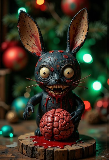 A high-quality, body shot close-up photograph of a ck-owct style hand-painted wooden Christmas toy featuring a skinny one-arm cute little black zombie rabbit with a ripped ear, long teeth and eating a human brain flowing with blood. Green and red vivid ambient light.