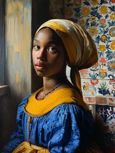 masterpiece,best quality,<lora:tbh122-sdxl:0.9>,portrait of man,oil painting,style of Jan Vermeer,black girl,