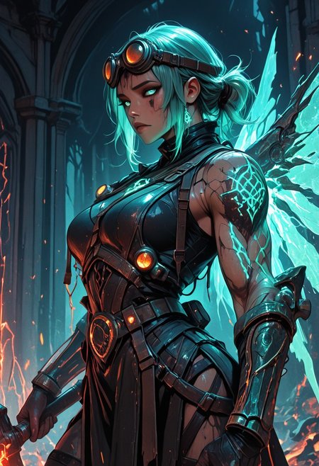 (masterpiece), (best quality), 8k, 1girl, muscular female artificer, sleeveless leather apron, scarred and soot-stained arms, holding a massive divine-forged hammer, glowing cracks in armor, old celestial metal armor, oil-smudged face, glowing forge behind her, floating broken wings made of crystal shards, Hair tied up messily, goggles pushed to forehead, face smudged, glowing tools hanging at her waist, straps hanging off body, ruined celestial workshop background, cinematic lighting, floating embers and divine sparks, powerful and gritty energy, Celestial arm braces, 
Closeup, looking at viewer,