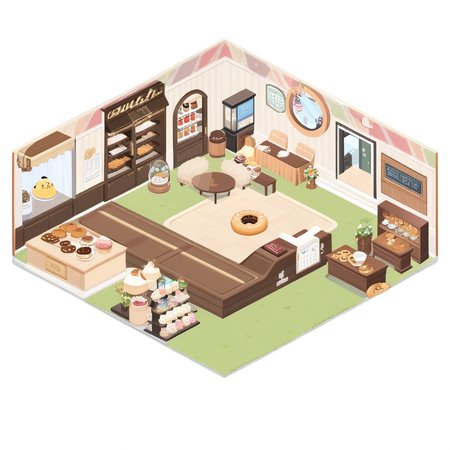 masterpiece,best quality,<lora:backyardtheme_a3:1>,backyardtheme, isometric, no_humans, doughnut, teacup, table, book, grass, flower, shelf, plate, cake, plant, saucer, indoors, cookie, cash_register
