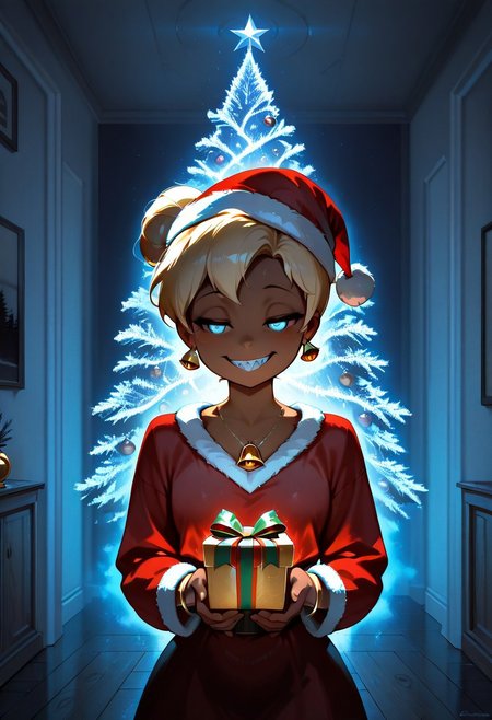 masterpiece, best quality, newest, absurd res, highres, hi res, beautiful, scenic, 1girl, TinkerWaifu, Blonde hair, single hair bun, blue eyes, wearing Red santa dress with a white fur trim, red santa hat with a white fur trim, gold bell bracelet, gold bell necklace, gold bell earrings, holding a present, anime style, dark skin, non-reflective skin, glowing eyes, different sized eyes, iris patterns, ethereal glow, closed eyes, half lidded eyes, wide smile, predatory smile, sharp teeth, white teeth, bust up, waist up, three quarters view, playful expression, energetic pose, space background, clean lines, vibrant colors, semi realistic lighting, horror theme, digital art, concept art, high detail, dramatic lighting, dark light contrast, eerie cuteness, cute and creepy, adorable horror, dark cute, kawaii x horror, Lovecraftian aesthetics, fog, dark, haze, chiaroscuro, low-key, night, foggy, mysterious, in living room, Christmas tree fading out, walls rotting,