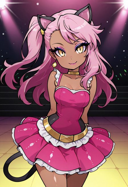 masterpiece, best quality, solo, curvy, beautiful eyes, narrow waist, wide hips, 1girl, solo, smile, looking at viewer, foreshortening, close up, anime screenshot,    zzKuro, yellow eyes, pink hair, long hair, one side up, dark skin,, cat ears, cat tail, makeup, sleeveless, pink skirt, idol, jewelry, eyeshadow, high heels, lipstick,  C0utur3Cr4z3, hands behind back, chest forward, cowboy shot, smile, looking at viewer,
