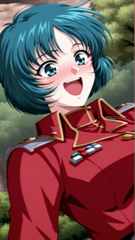 source_anime, general, best quality, masterpiece, 1girl,  <lora:Elis_Radius_ill_v1.0:1> elis_radius\(srw\),green eyes, green hair , short hair,aqua hair, blue hair, blue eyes,military uniform, red jacket,happy, embarrassed,   dynamic pose, dutch angle,
