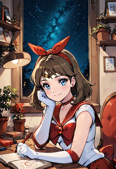 masterpiece, best quality, 1girl, eyelashes, (beautiful eyes), looking at viewer, smile, (upper body),  zzMayMarsCitron, blue eyes, brown hair, medium hair, hairband, tiara, white shirt, choker, elbow gloves, white gloves, red skirt, magical girl, star earrings, sailor senshi uniform, red sailor collar,  <lora:MayMarsPokemonCitron_IXL:0.8>, ,   zzLofi, sitting, side view, desk, chair, book, bookshelf, head rest, holding, holding pen, lamp, night, open book, pen, plant, potted plant, sky, star (sky), starry sky, window, windowsill, writing, <lora:LofiGirl_Style_IXL:0.8>,