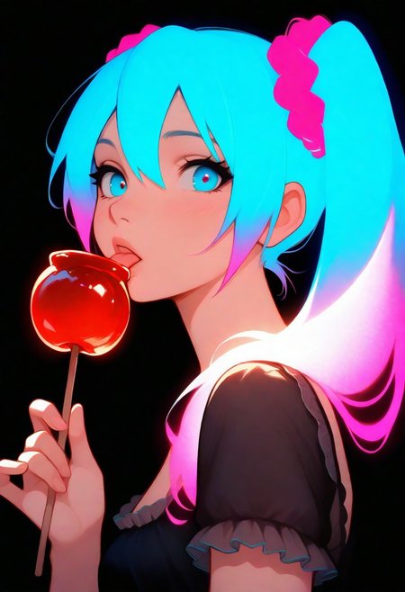 ((masterpiece, best quality, very aesthetic)), hatsune miku, pink hair scrunchie, (licking:0.8), black nightgown, frills, short sleeves, holding candy apple, glowing candy apple, black background, colorful, glowing hair, looking at viewer, portrait, from side,