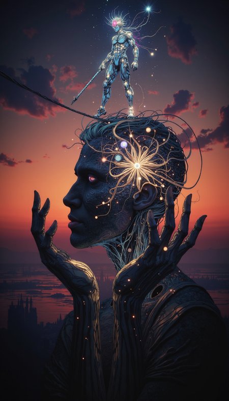 Bioluminescent, A chiaroscuro portrait, capturing the ethereal interplay of anxieties. Utilize tenebrism, contrasting a brightly lit, tightrope-walking figure atop a colossal silhouette of a human head formed with two hands. The background should be an apocryphal sunset, a liminal space between thought and reality. Emphasize the preternatural scale and the delicate equilibrium of the tightrope walker, symbolizing mental agility. The camera angle should be slightly low, instilling a sense of vulnerability and grandeur.