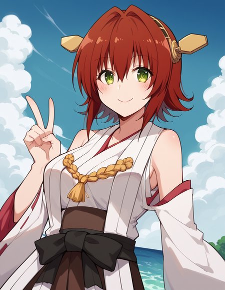 score_9, score_8_up, score_7_up, source_anime, <lora:ryouko-mikado-darkness-ponyxl-lora-nochekaiser:1>, ryouko mikado, short hair, hair between eyes, green eyes, red hair, hair intakes, large breasts, <lora:kancolle-kongou-cosplay-ponyxl-lora-nochekaiser:1>, kancolle kongou cosplay, kongou (kancolle) (cosplay), kongou pose, nontradional miko, cosplay, ribbon-trimmed sleeves, ribbon trim, bare shoulders, headgear,, ocean, smile, blush, blue sky, v, cowboy shot, looking at viewer,, , dutch angle, cowboy shot