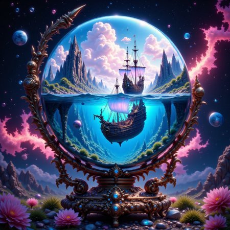 bo-exposure, pinketherealmj, a crystal ball showing A beautiful magical ocean inside, with a fleet of fantasy style  mini viking ships. The crystal ball is floating inside a colorful cosmic storm on space, magical glow, internal glow, magic, fantasy, glowing, colorful,
