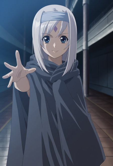 <lora:Yukina-Girls_Bravo:0.8>,1girl,solo,Yukina,hairband,blue eyes,white hair,long hair,facial mark,forehead mark,anime coloring,
cloak,hooded cloak,hood,cowboy shot, standing,outstretched arm, looking at viewer, smile