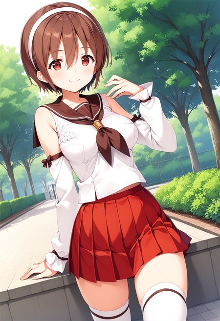 1girl, solo, standing, cowboy shot, park,  <lora:KC_02LC_natori_pony:1> natorikc, brown hair, short hair, white hairband, bangs, hair between eyes, brown eyes, red eyes, tareme, medium breasts,      natoridefkc, brown_sailor_collar, white serafuku, bare shoulders, brown neckerchief, detached sleeves, red skirt, miniskirt, pleated skirt, white thighhighs,, score_9,score_8_up, score_7_up, source_anime, masterpiece, best quality,  official art, official style, game cg, megami magazine, rating_safe, rating_questionable, <lora:Fixhands_anime_bdsqlsz_V1:0.75>, NEGATIVE_HANDS