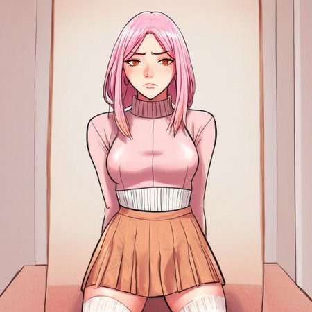 1female, full body, illustrative, anime style, pink hair, amber eyes, woman wearing sleefest with mini skirt bottom. matching stockings, turtleneck, midriff, crop top, living room