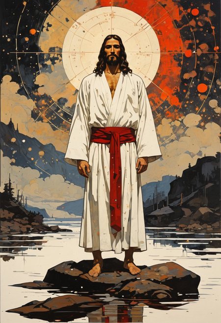 Jesus, wearing a white robe, stands waist-deep in a river, (in the style of Frank Frazetta painting) Dean Cornwell, design, 1970s, Russian Constructivist style, double exposure, volumetric lighting, expressive, ancient starchart, ink spattered background, warm colors, space, art deco, splatter, Japanese Woodblock print, planar rectilinear shapes, extreme energy, dynamic posing, Dutch angle, black, Crimson<lora:xl_more_art-full_v1:0.3>