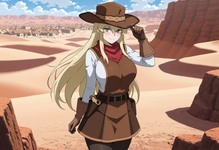 masterpiece, best quality, newest, absurdres, very aesthetic, Doya, 1girl, solo, cowboy shot, 
(blonde hair, long hair, bangs between eyes, sidelocks), green eyes, big breasts, 
(brown wide-brim hat), brown vest, white undershirt, red scarf, long-sleeves, brown gloves, brown skirt, (belt, belt buckle, belt pouches, holsters), black pantyhose, 
smile, looking at the viewer, (closed mouth), blush,
outdoors, sunny weather, town, old west, desert,