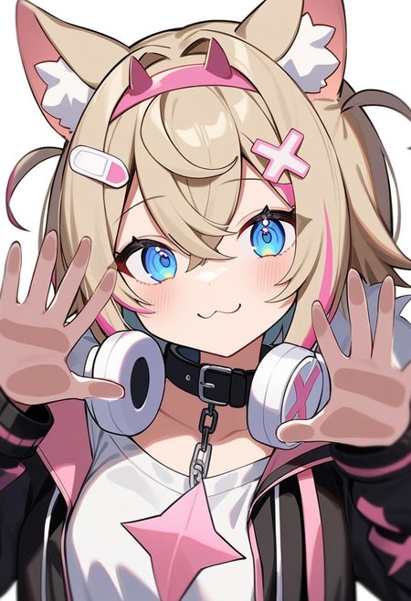 masterpiece,best quality,very aesthetic,absurdres,1,<lora:against_fourth_wall_xl:1>,against_fourth_wall, 1girl, solo, blush, smile, bandaid_hair_ornament, light_brown_hair, pink_hairband, short_hair, streaked_hair, x_hair_ornament, t-shirt, virtual_youtuber, highres, :3, against_glass, animal_collar, animal_ear_fluff, black_collar, black_jacket, blue_eyes, chibi_only, closed_mouth, crossed_bangs, dog_ears, double-parted_bangs, fur-trimmed_jacket, hair_between_eyes, headphones_around_neck, looking_at_viewer, mococo_abyssgard_\(1st_costume\), spiked_collar, white_shirt