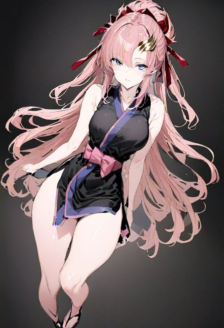 masterpiece, best quality, ultra-detailed, beautiful, nai3, 1girl, solo, full_body, tachi-e, 
lacus clyne, grey eyes, pink hair, long hair, bangs, hair ornament, japanese clothes, black sleeveless kimono, bare shoulders, red hair ribbon
