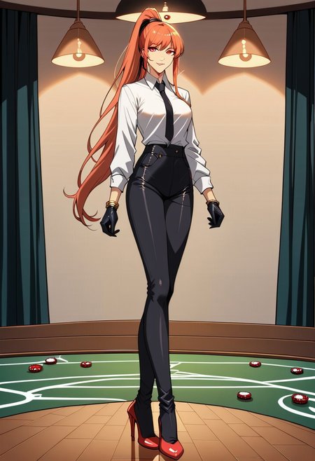 score_9, score_8_up, score_7_up, 1girl, night, indoor, in a casinò, full body, dynamic shot, from high, long legs standing behing a poker table, green table, solo, dynamic pose, Feng Ling, orange hair, red eyes, medium breast, long hair, ponytail, black pants, white shirt, long sleves shirt, black gilet, black neck tie, red heels, gold slim bracelets, black gloves, looking at the viewer, long legs, nice legs, white hips ultra detailed, masterpiece, close up, upper body<lora:add-detail-xl:1>, <lora:StS_PonyXL_Detail_Slider_v1.4_iteration_3:4>