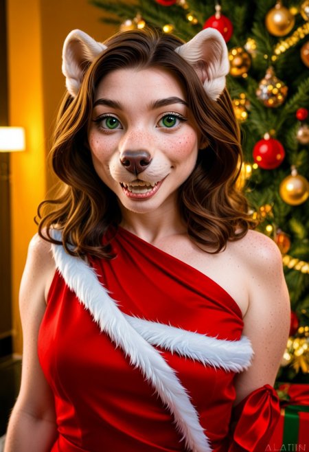 A 35mm photo of a beautiful 30 year old woman, she is an anthropomorphic ginger Alsatian , Alsatian nose, alsatian teeth, emerald green  dog eyes, freckles, alsatian fur, Alsatian ears, brunette hair, elegant Christmas satin dress, Alsatian fur all over her body